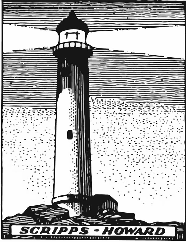 Black and white logo illustration of a lighthouse with Scripps-Howard written at the bottom from 1923