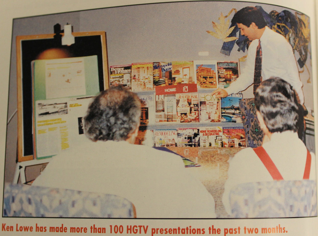 Full color photo of HGTV printed content of a man giving a presentation to two people with the quote 