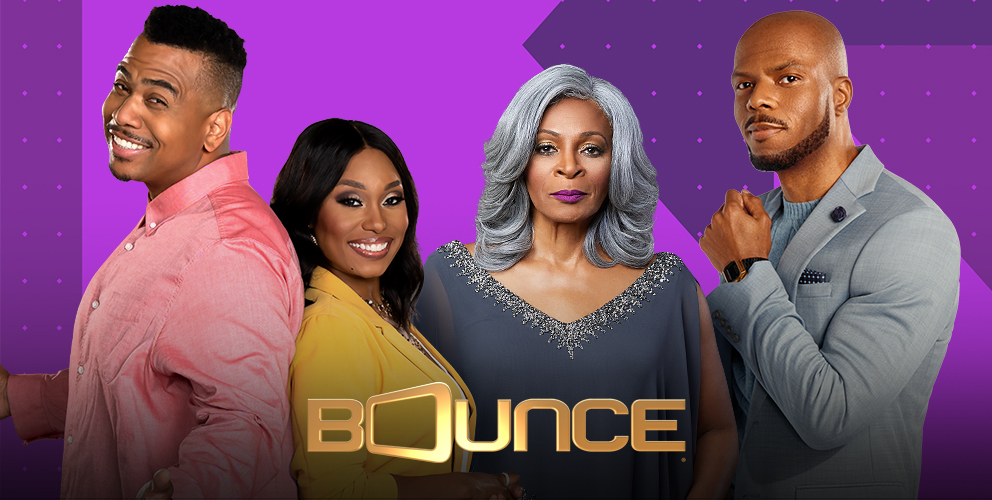 Purple banner image for Bounce with two men and two women standing together in front of a purple background