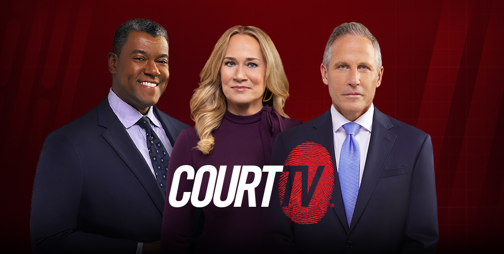 Image for Court TV with a lady standing between two men in front of a dark red background