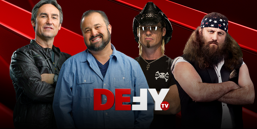 Banner image for Defy TV featuring four famous male actors from tv shows played on the channel and a red diagonally striped background