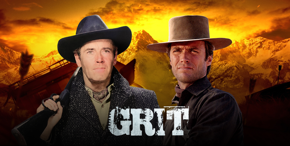 Banner image for Grit with two cowboys standing in front of a sunset mountain with arrows in the background