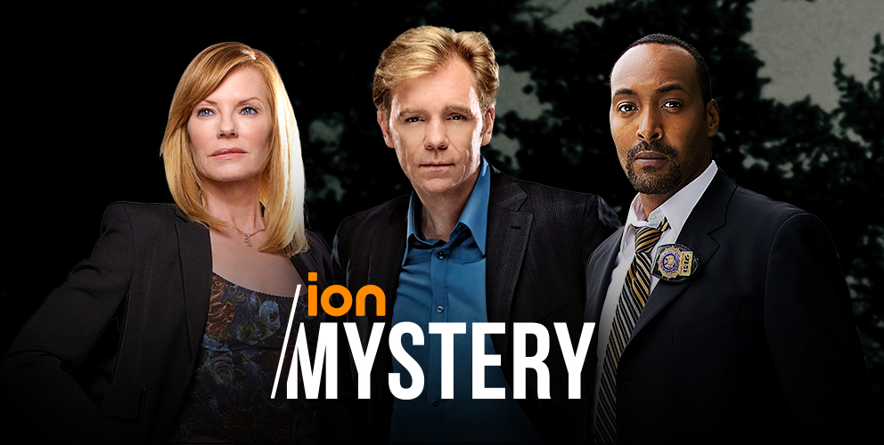 ion Mystery banner featuring three actors in front of a dark forest background