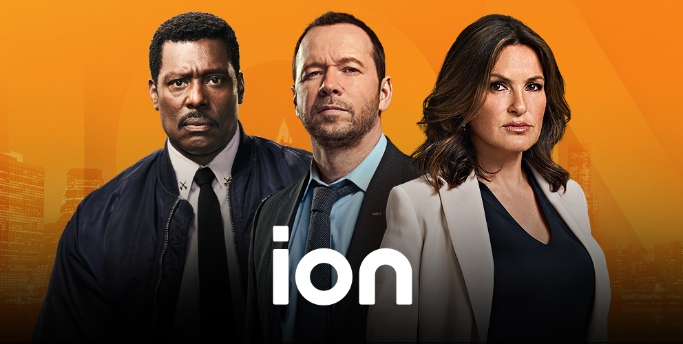 ion tv banner featuring three actors in front of an orange background with a city scape
