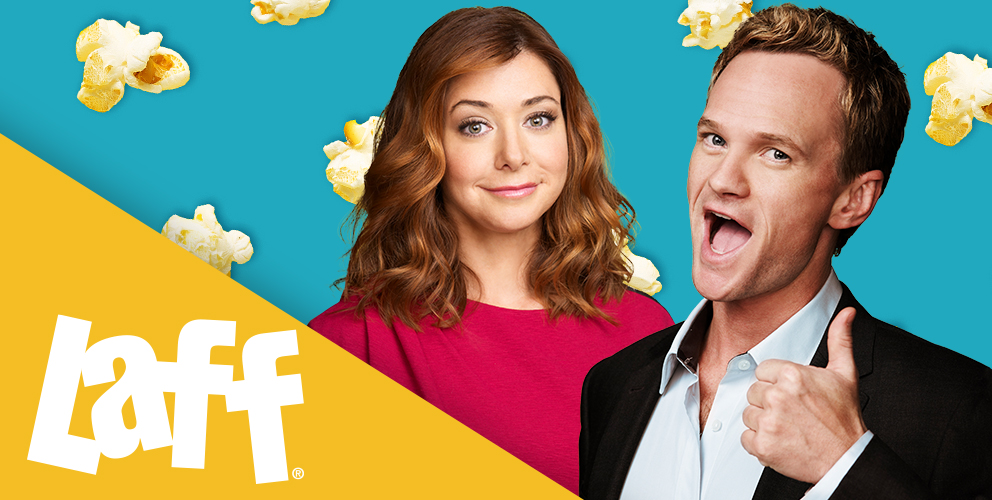 Laff slider image featuring a male and female actor in front of a split blue and yellow background with popcorn flying around
