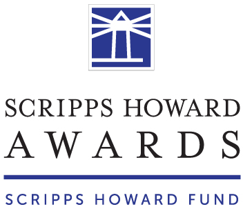 White graphic with Scripps Howard Awards written in black font with a blue separating line beneath with text that says Scripps Howard Fund in blue font with an image of a blue lighthouse at the top of the graphic