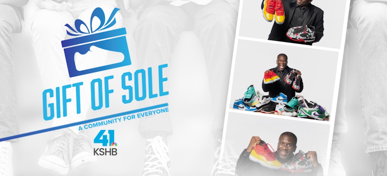 Gift of Sole graphic with the 41 KSHB news station logo and multiple images of a man holding up Nike sneakers