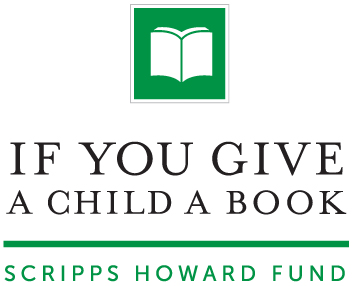 White logo with text that says "If You Give A Child A Book" in black font and Scripps Howard Fund in green underneath