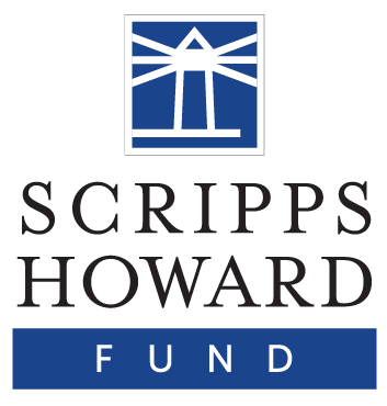 Logo for Scripps Howard Fund in black and white font with blue lighthouse image on the top