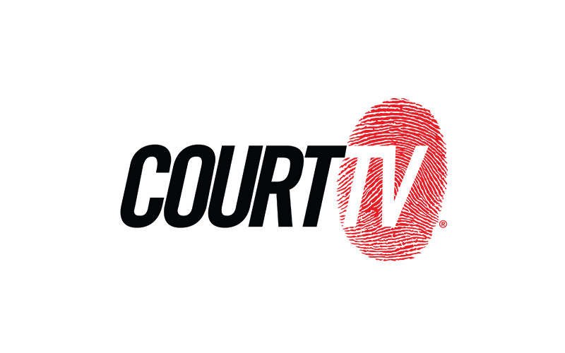 White graphic with CourtTV written in black and white font with a red thumbprint behind TV
