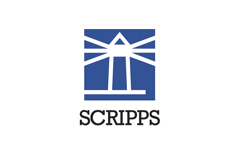 Graphic with a black Scripps logo with a blue lighthouse above it with a white background