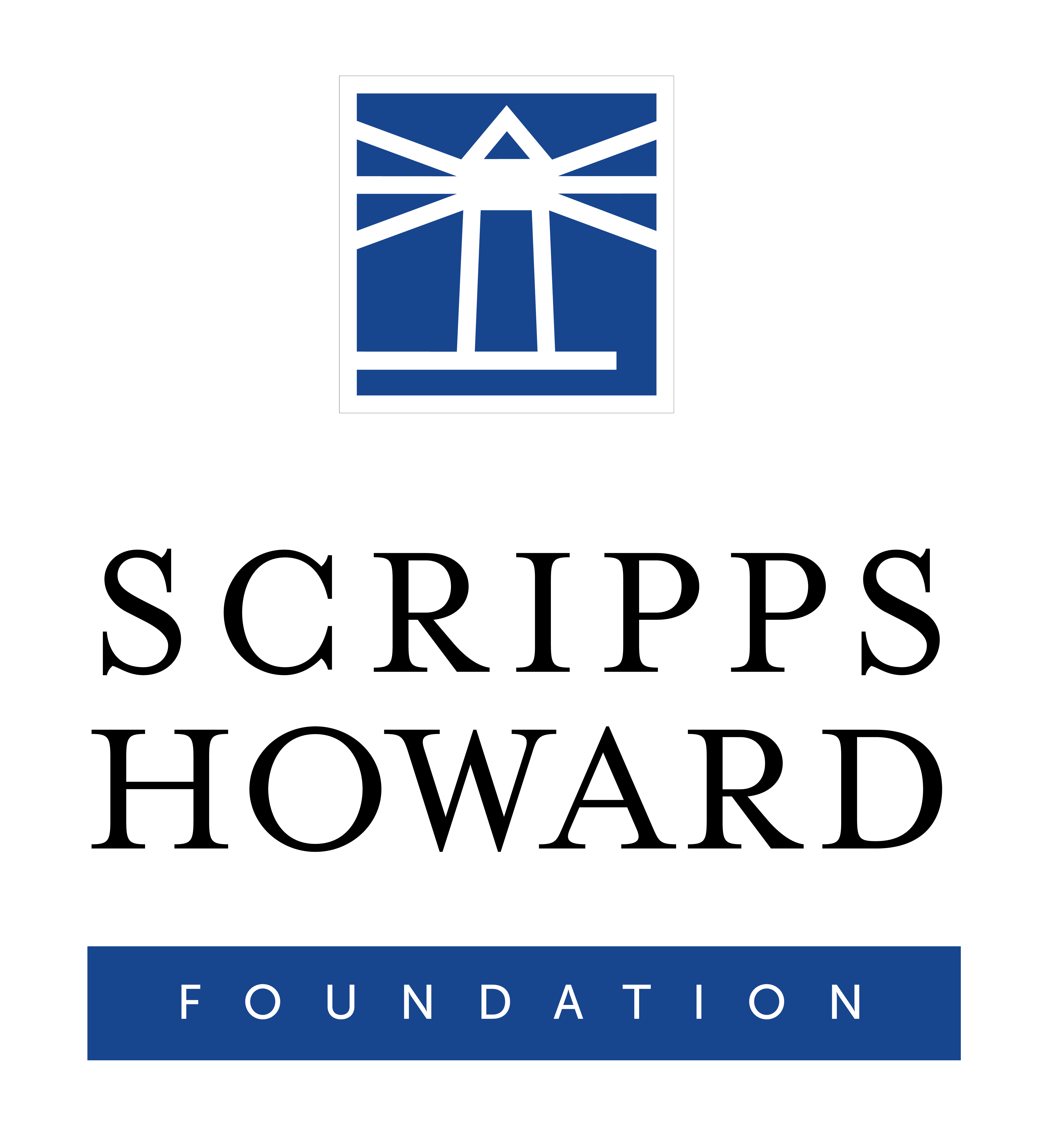 Black and blue Scripps Howard Foundation logo with their personal brand's lighthouse icon in blue and white above the text logo