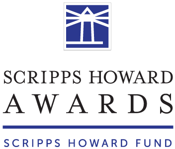Image of the black and blue Scripps Howard wards Scripps Howard Fund logo with their brand's blue and white lighthouse icon at the top