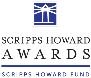 Image of the black and blue Scripps Howard wards Scripps Howard Fund logo with their brand's blue and white lighthouse icon at the top