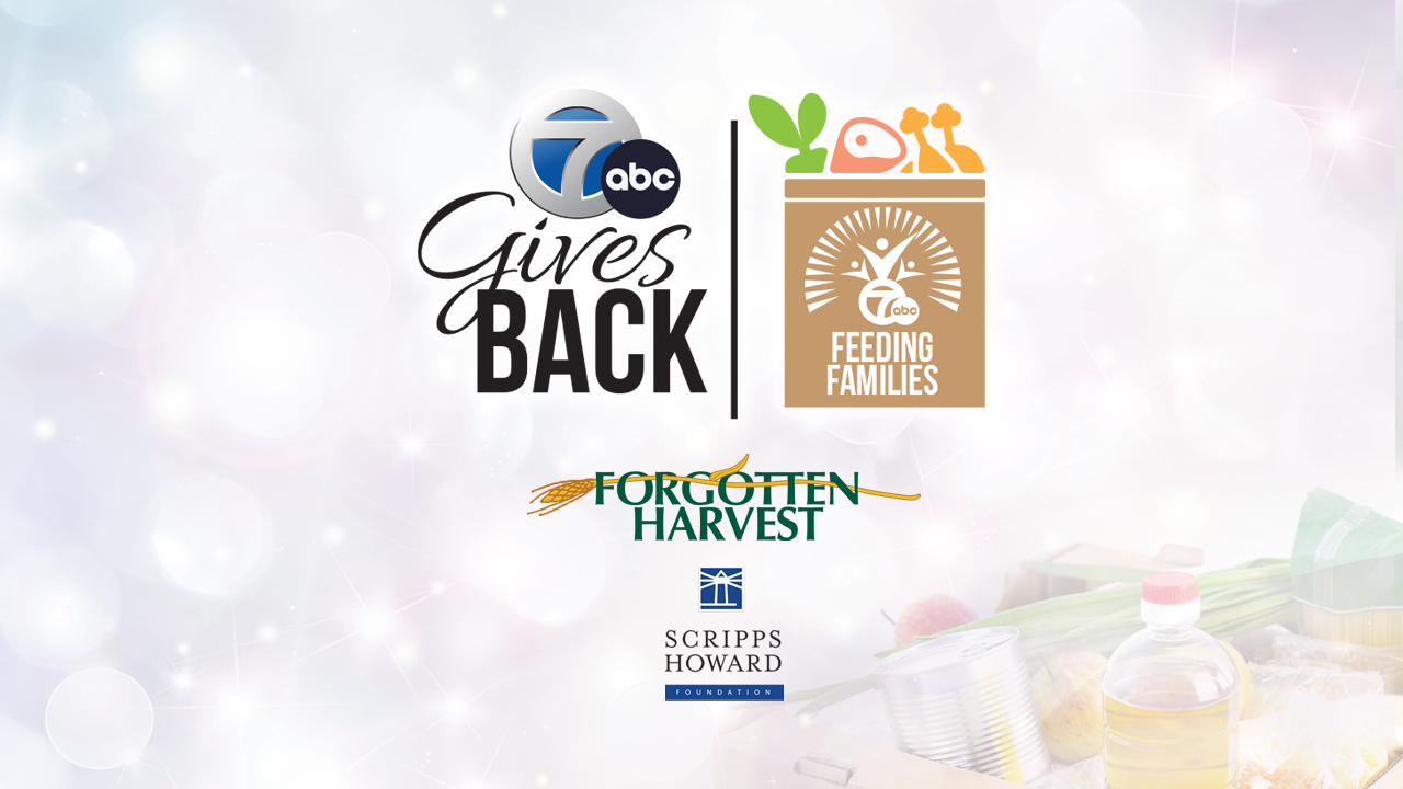 Graphic for Forgotten Harvest with a faded image of food products with the abc 7 Gives Back logo, the Feeding Families logo, and the Scripps Howard logo