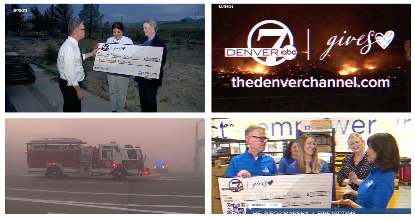 Photo collage of two different people receiving checks, a firetruck in a street with smoke around it, the ABC 7 Denver logo for their giving campaign