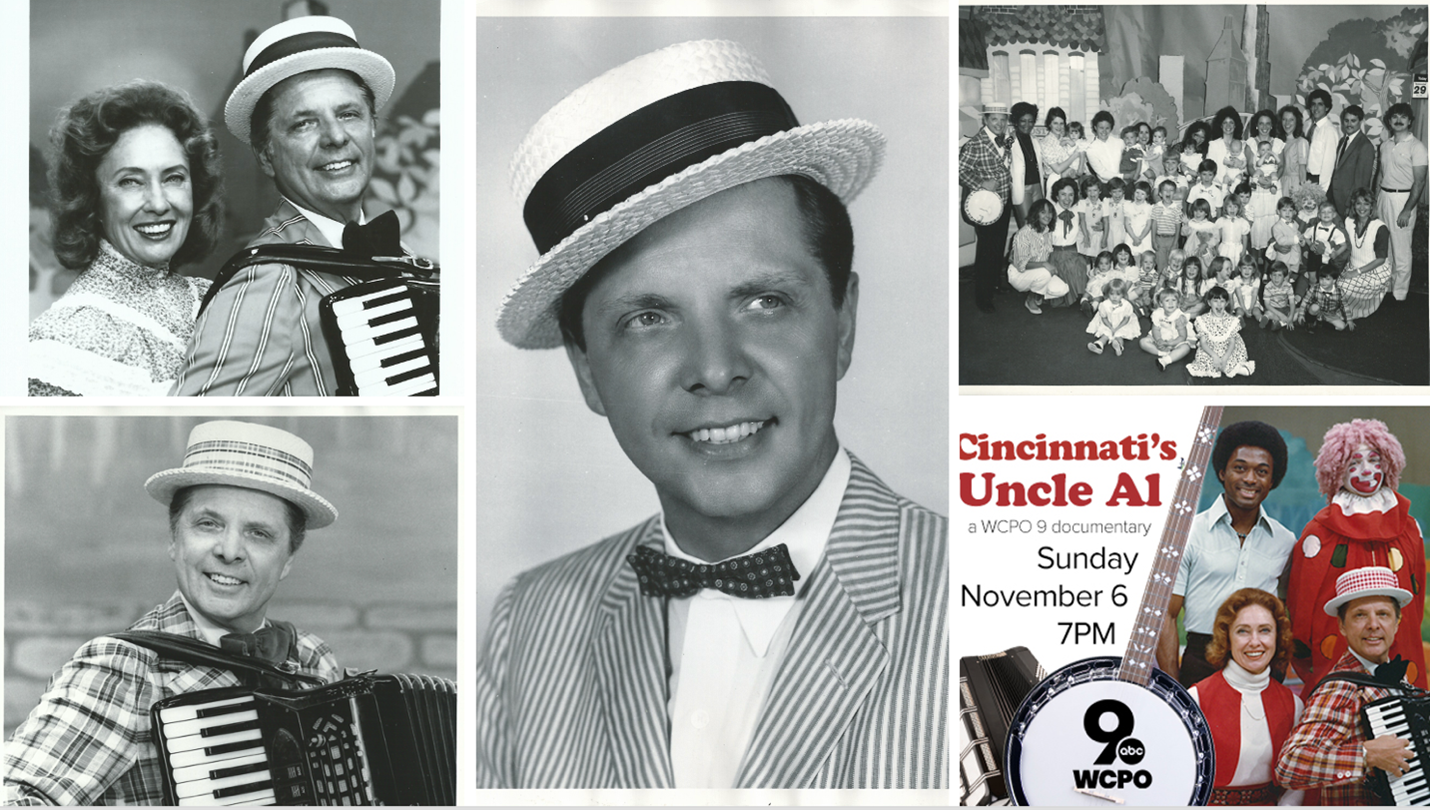 Photo collage of black and white photos from the Uncle Al tv show and a flyer for a documentary about the show