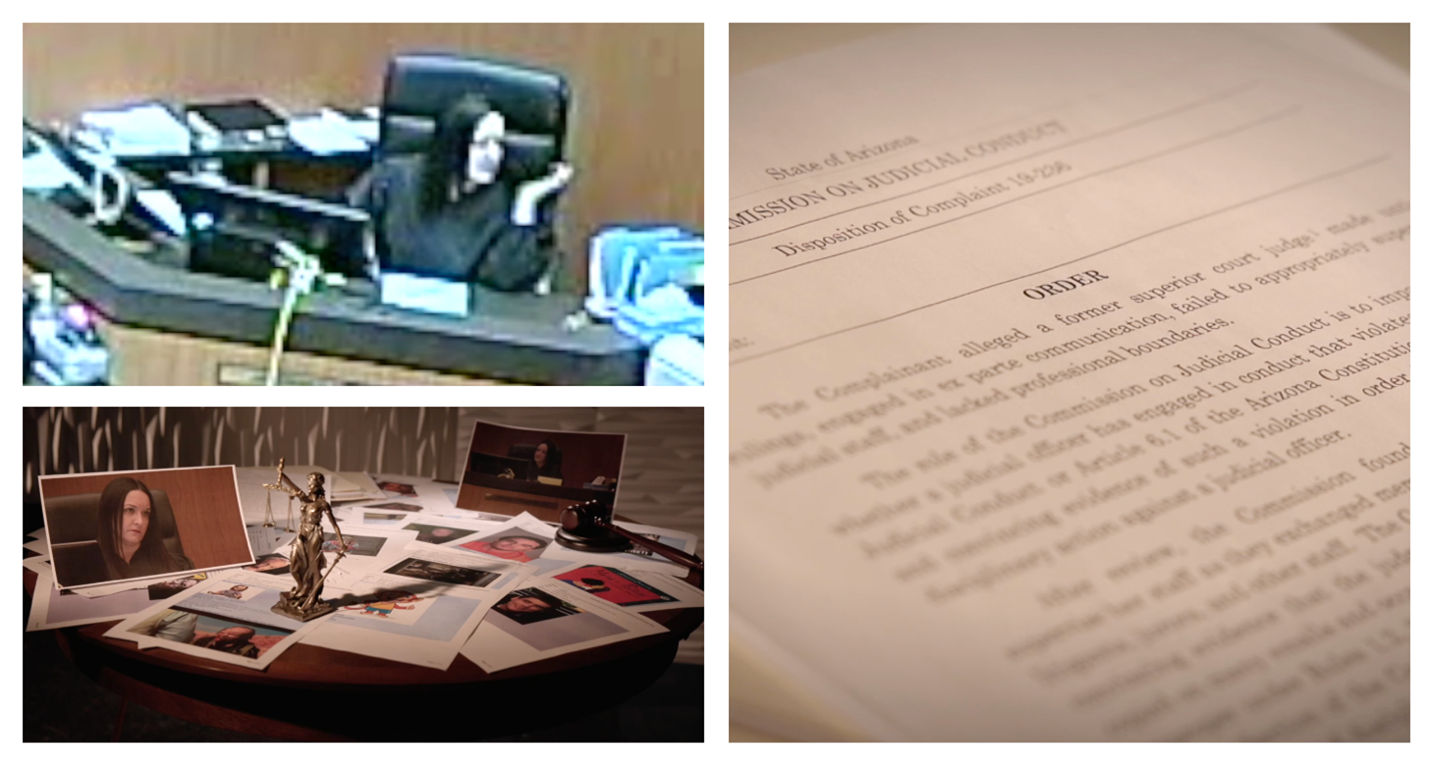 Photo collage of a court order, a judge at their desk, and a desk with files and photos on it