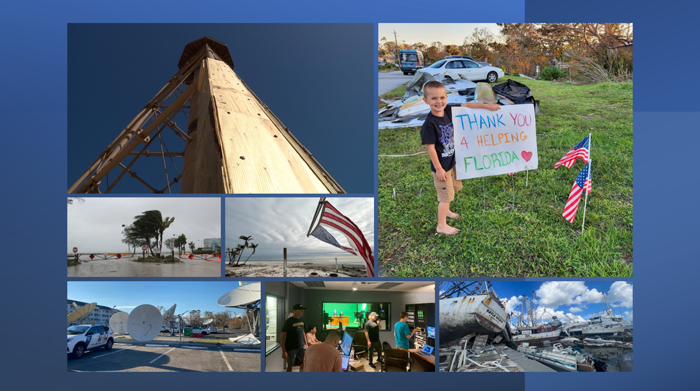 Photo collage of Florida following the hurricane and the news team doing coverage