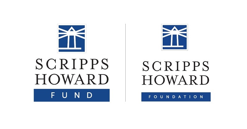 Split graphic with the black and blue Scripps Howard Fund logo on the left side, a black vertical line separator in the middle, and the Scripps Howard Foundation logo on the right side