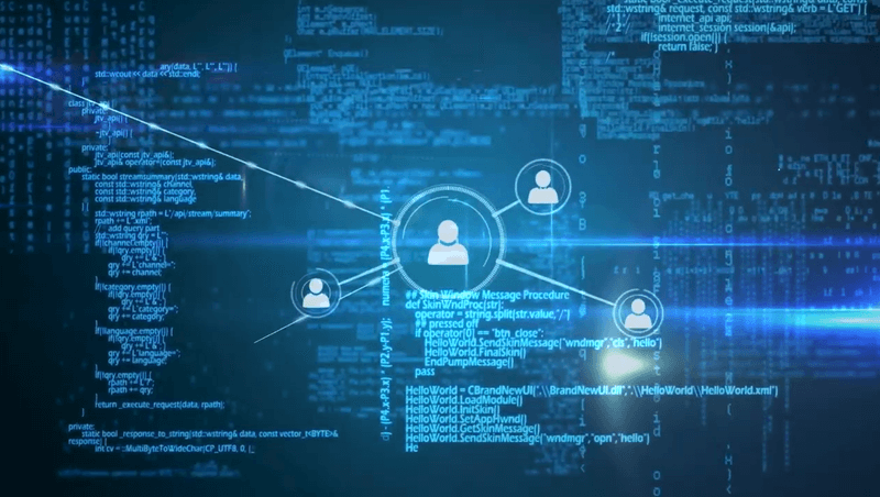 Blue graphic with icons representing computer users with coding behind them