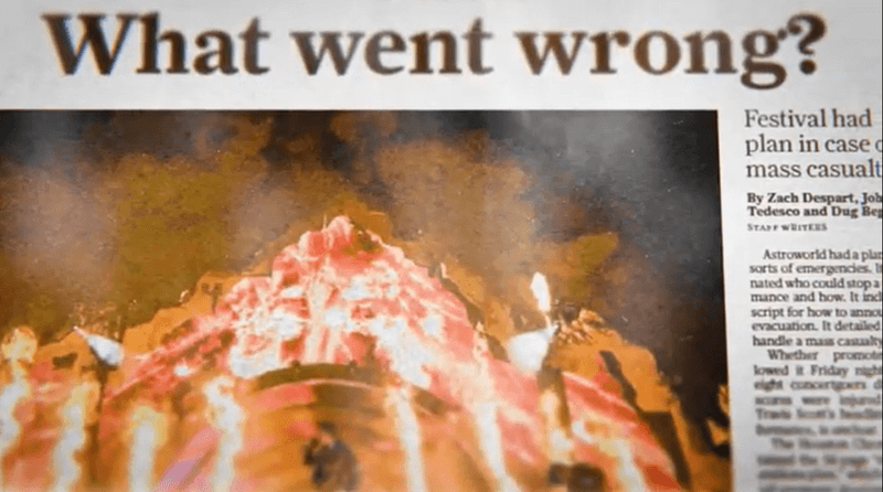 Zoomed in photo of a newspaper article about the Astroworld music festival's mass casualties titled "What went wrong?"