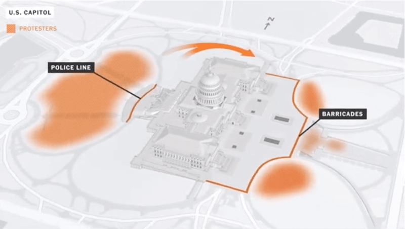 White graphic map of the capitol building that shows where the police line and barricades were during the capitol riot