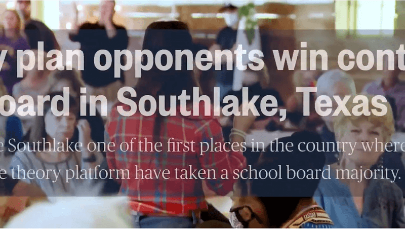 Image of a woman talking to a crowd of elderly people with white text overlaid on it about Southlake, Texas school board information