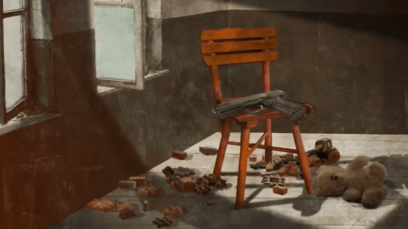 Illustration of a gun sitting on a brown chair inside of a run down room with old kids' toys