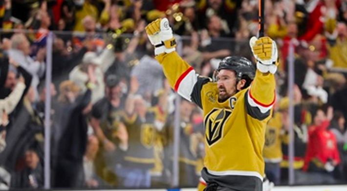 Mark Stone of The Las Vegas Golden Knights celebrates at home after scoring a goal.