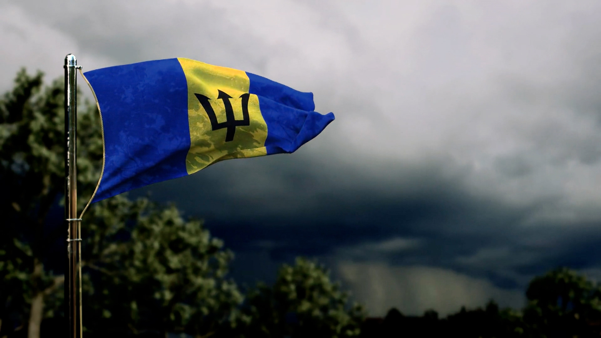 This candid photo shows the Flag of Barbados and an incoming rainstorm.