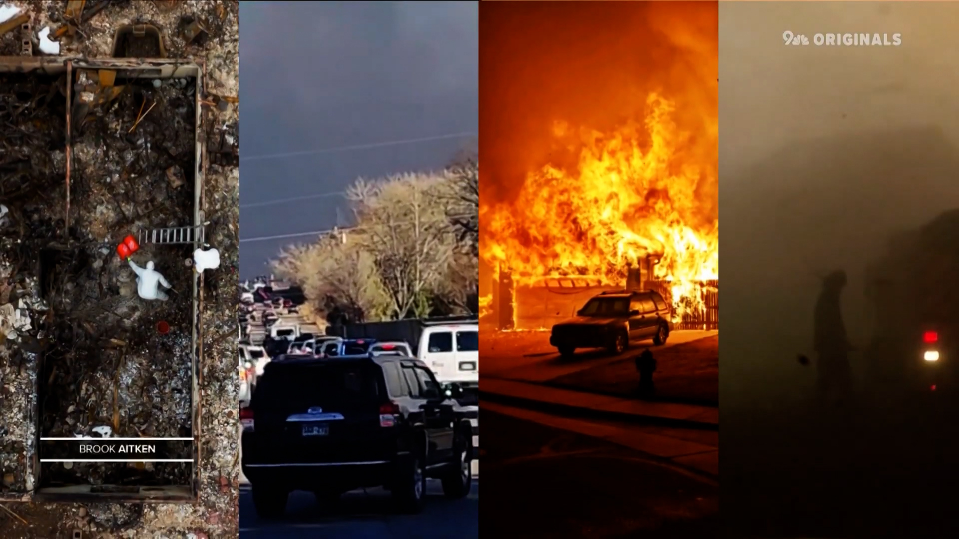 Several image stills have been captured showing fire response, a burning property, traffic, and a firefighter.