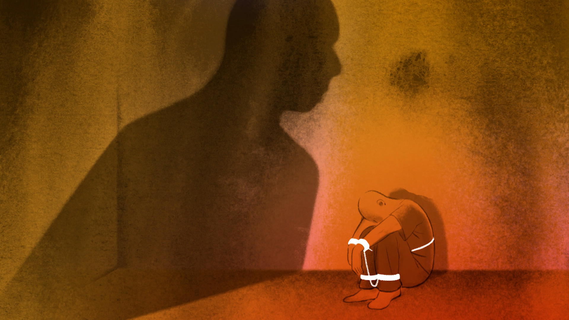 This is an illustration of a chained man sulking in a corner of the room with another person's shadow overlooking them.