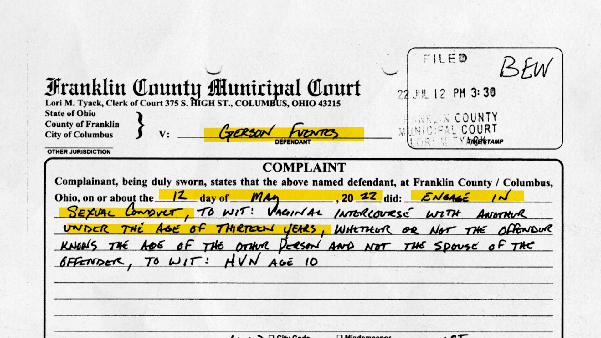 This is an image of Franklin County Municipal Court case. The document details the case Fuentes V Columbus and the coverage of a 10-year-old's abortion in Indiana.