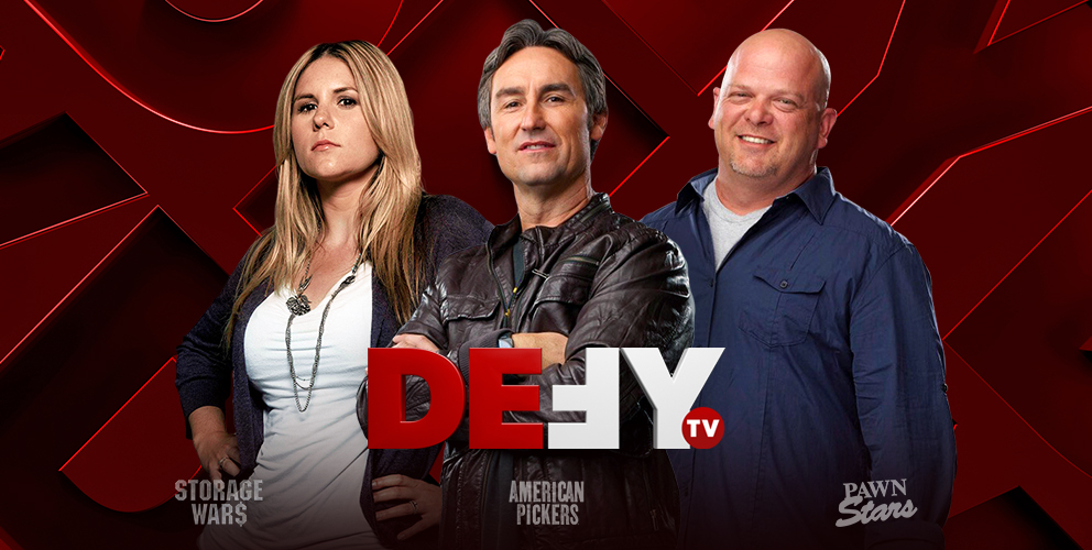 This is a slider image of DEFY TV's reality tv show programs such as Storage Wars, American Pickers, and Pawn Stars.