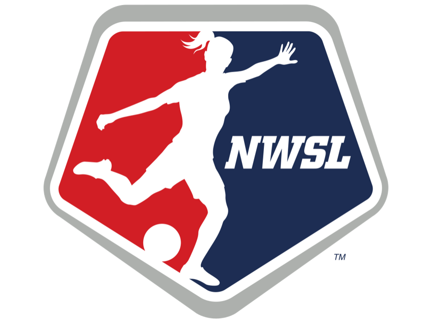 Red and blue NWSL logo: a shape of a woman kicking a soccer ball.